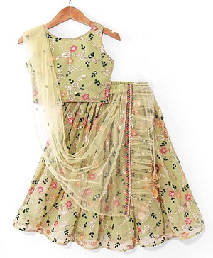 Babyhug Sleeveless Choli with Lehenga and Dupatta Floral Print & Embroidery - Lime