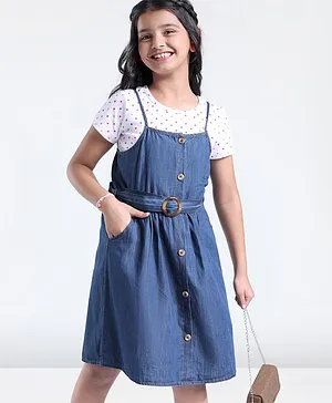 Hola Bonita Denim Knee Length Dress With Inner Tee With Polka Dots Print - Navy Blue & White