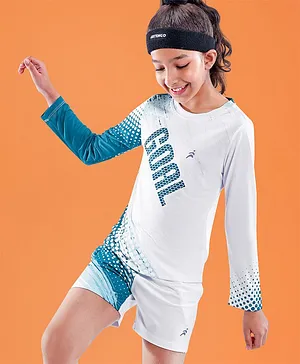 Pine Active Full Sleeves Tee and Shorts Set Goal Print - White & Blue - Poly Lycra - 5 to 6 Years - Girls - for Kids