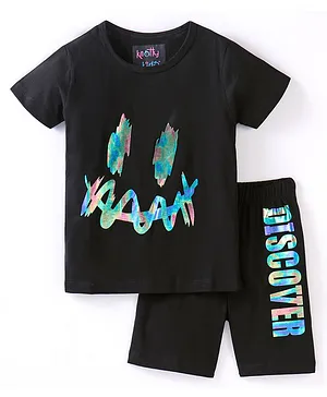 Knotty Kids Half Sleeves Discover Printed Tee & Shorts Set - Black