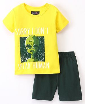 Knotty Kids Half Sleeves Discover Printed Tee & Shorts Set - Yellow & Green