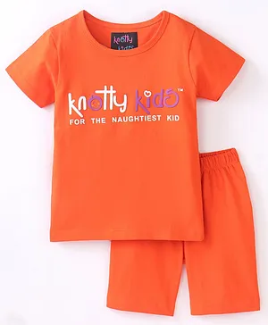 Knotty Kids Half Sleeves Brand Name Printed Tee & Shorts Set - Orange