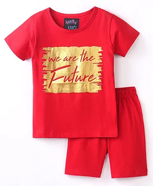 Knotty Kids Half Sleeves We Are The Future Glitter Printed Tee & Shorts Set - Red