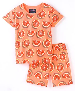 Knotty Kids Half Sleeves Grapefruit Printed Tee & Shorts Set - Peach