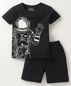 Knotty Kids Space Theme Half Sleeves Spaceman Printed Glow In Dark Tee With Shorts - Black