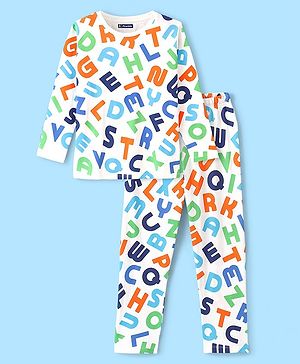 Pine Kids Cotton Knit Full Sleeves Alphabet Printed Night Suit - Multicolour