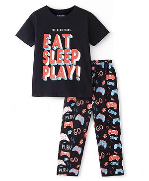 Pine Kids Half Sleeves Chest Printed Night Suit with All Over Printed Bottom - Black