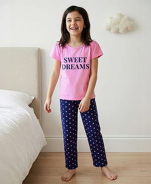 Pine Kids Half Sleeve Text Print & Polka Dot Night Suit - Pink & Navy Blue