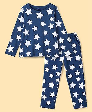 Pine Kids Cotton Full Sleeves Night Suit With Polka Print All Over Star Printed - Blue