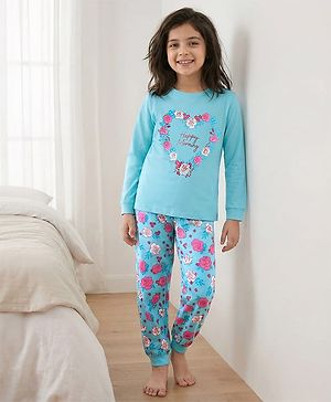 Pine Kids 100% Cotton Knit Full Sleeves Floral Printed Night Suit - Tanager Turquoise