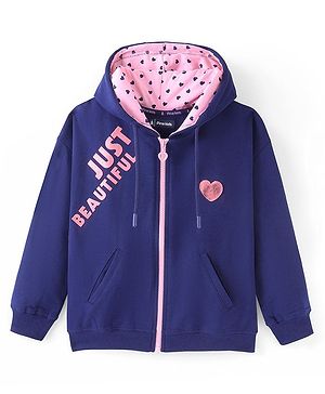 Pine Kids 100% Cotton Knit Full Sleeves Hooded Sweat Jacket with Heart Print - Blue