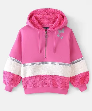 Pink Rabbit Cotton Looper Full Sleeves Hooded Sweatshirt Hearts Print- Grey - Looper - 12 to 18 Months - Girls - for Toddler