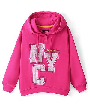 Pinekids Cotton Knit Biowashed Full Sleeves Hooded Sweatshirt With Text Print - Pink