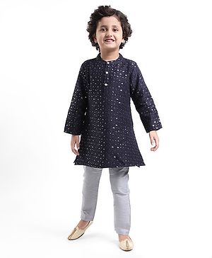 Babyhug Full Sleeves Sequenced Kurta & Pajama Set - Navy Blue