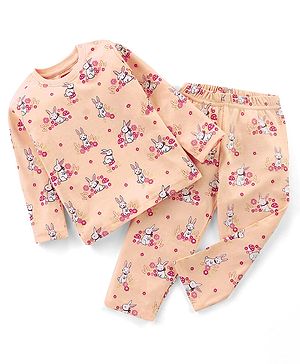 Babyhug Cotton Knit Full Sleeves Night Suit With Bunny Print - Peach