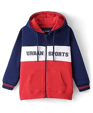 Pinekids Cotton Knit Biowashed Full Sleeves Hooded Sweatshirt With Text Print - Navy Blue & Red