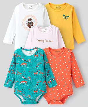 Bonfino 100% Cotton Full Sleeves Animals & Polka Dots Printed Onesies Pack Of 5 - Multicolour