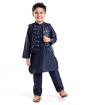 Babyhug Full Sleeves Kurta Payjama Set & Waistcoat With Sequine Detailing - Blue