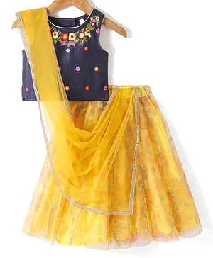 Babyhug Sleeveless Embroidered Choli with Printed Lehenga and Dupatta Set - Yellow