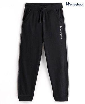 Honeyhap Premium Cotton Looper Full Length  Lounge Pant with Bio Finish & Text Embroidered - Black