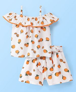 Babyhug Rayon Woven Singlet Top & Short Set Orange Print - White