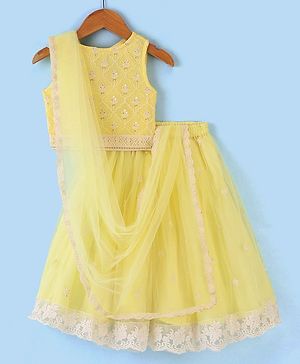 Babyhug Sleeveless Embroidered Net Choli Lehenga and Dupatta - Yellow