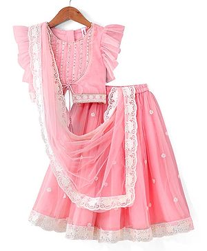 Babyhug Short Flutter Sleeves Embroidered Net Choli Lehenga And Dupatta Set - Pink