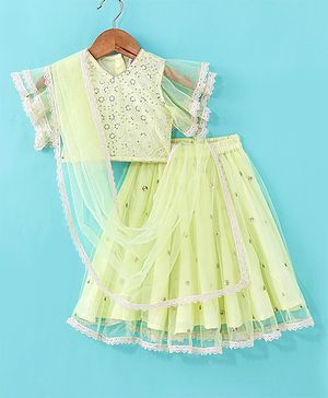 Babyhug Woven Half Sleeves Embroidered Net Choli Lehenga & Dupatta - Lime Yellow