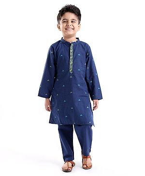 Babyhug Cotton Handloom Full Sleeves Dobby Kurta & Pajama Set Triangles Detailing - Navy Blue