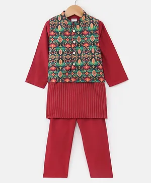 Babyhug Full Sleeves Embroidered Kurta Pyjama Set with Printed Jacket - Maroon