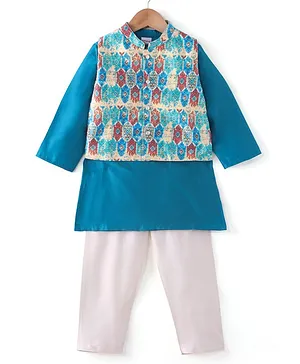 Babyhug Full Sleeves Solid Kurta Pyjama Set with Printed Jacket - Blue
