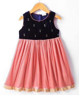 Babyhug Woven Foil Printed Sleeveless Ethnic Dress - Peach