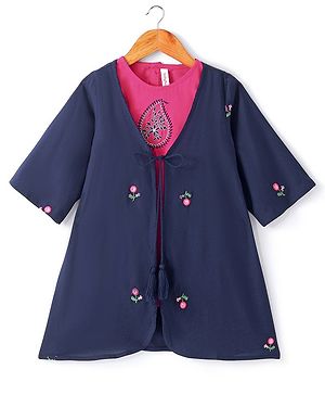 Babyhug Three Fourth Sleeve Rayon Floral Embroidered Ethnic Dress with Shrug - Navy & Fuchsia