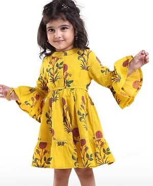 Babyhug 100% Cotton Woven Floral Printed Three Fourth Sleeve Ethnic Dress  - Yellow
