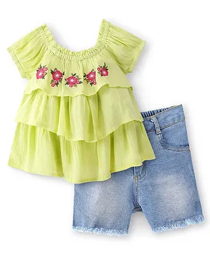 Babyhug 100% Cotton Woven Half Sleeves Floral Embroidered Layered Top with Solid Colour Denim Shorts - Lime Green & Blue