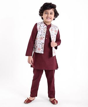 Babyhug 100% Cotton Full Sleeves Woven Solid Colour Kurta Pyjama Set with Floral Printed Jacket-  Maroon