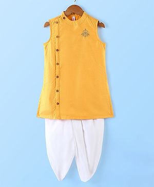 Babyhug Rayon Dobby Sleeveless Kurta & Dhoti Set With Embroidery- Yellow