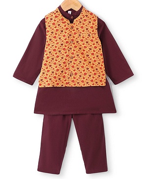 Teentaare Cotton Full Sleeves Kurta & Pajama Set with Jacket Floral Print - Maroon