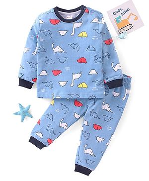 Kookie Kids Full Sleeves Winter Wear Night Suit Dino Print - Blue