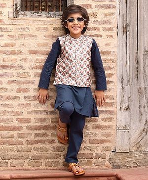 Babyhug Cotton Full Sleeves Solid Kurta & Pyjama Set With Printed Jacket- Navy Blue