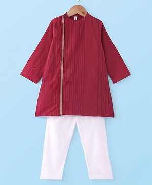 Babyhug 100% Cotton Woven Full Sleeves Dobby Kurta Pyjama Set - Red