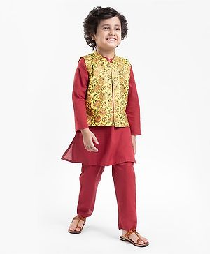 Babyhug Cotton Woven Full Sleeves Solid Kurta & Pajama Set with Floral Print Jacket - Red & Yellow