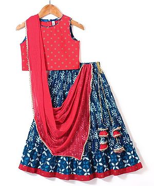 Babyhug Cotton Sleeveless Printed Choli with Lehenga  and Dupatta Set - Indigo