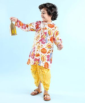 Babyhug Cotton Woven Kurta with Dhoti Set Sea Life Print - White & Yellow