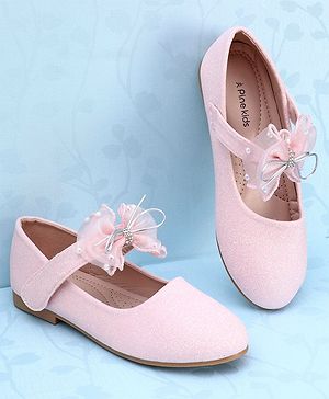 Pine Kids Slip On Party Wear Bellies with Bow Applique & Pearl Detailing - Pink