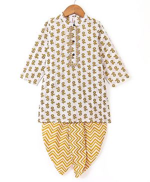 Babyhug Cotton Full Sleeves Kurta & Dhoti Set Floral Printed - Off White