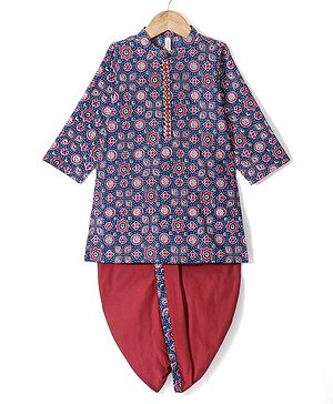 Babyhug 100% Cotton Woven Full Sleeve Floral Printed Kurta & Dhoti Set- Blue