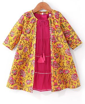 Babyhug Cotton Woven Cambric Printed Ethnic Dress with Three Fourth Sleeves Floral Printed Border Jacket - Mustard & Fuschia