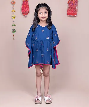 KASYA KIDS Three Fourth Batwing Sleeves Floral Embroidered Kaftan Dress - Blue