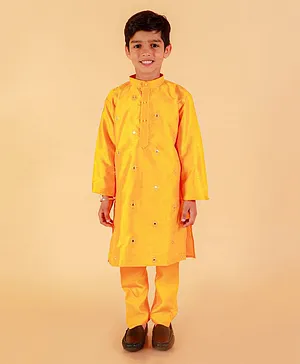 CHAKORI Full Sleeves Silk Mirror Work Kurta Pajama Set - Yellow